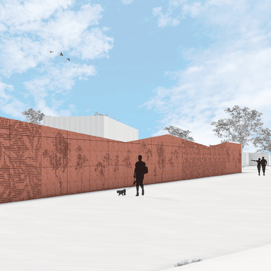 Artist impression of Ballarat East Substation showing nature inspired motifs on a multi-level orange-brown fence with people walking past