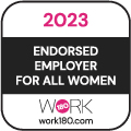 A graphic that shows Powercor and CitiPower are an Endorsed Employer for all women for the year 2023, by Work 180.