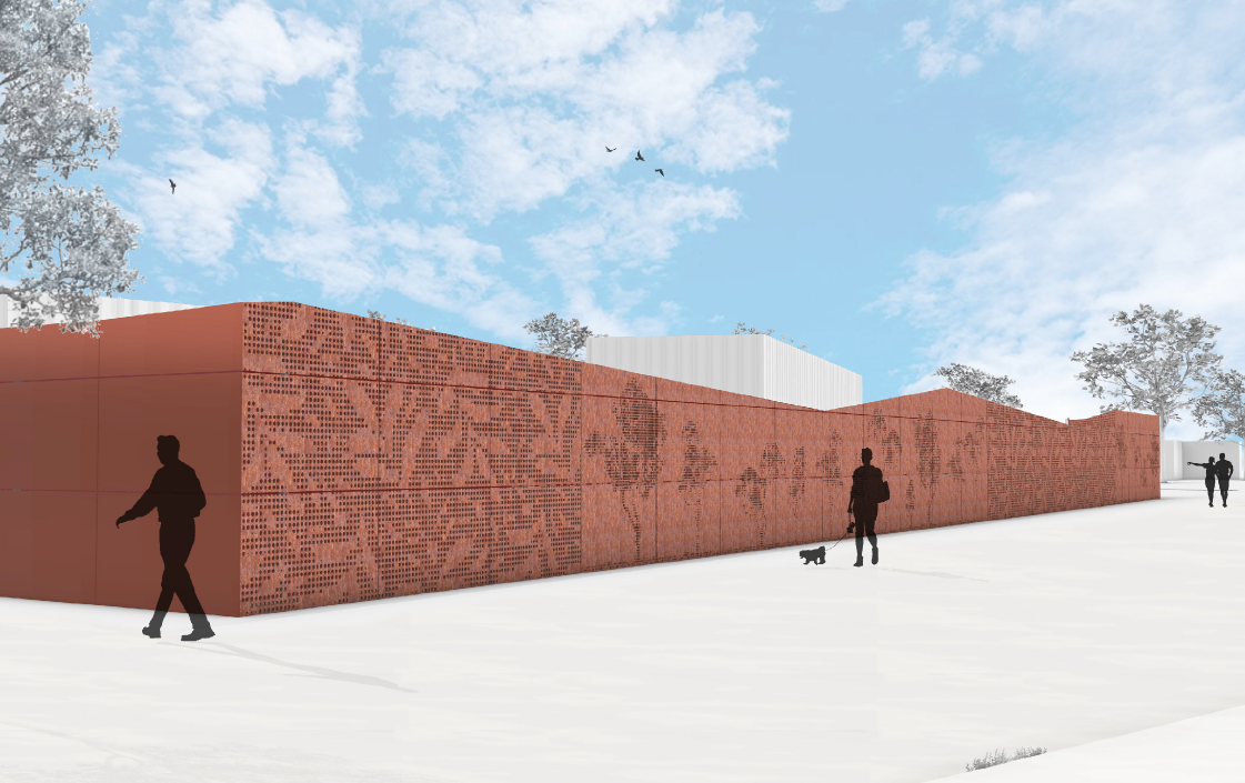 Artist impression of Ballarat East Substation showing nature inspired motifs on a multi-level orange-brown fence with people walking past.
